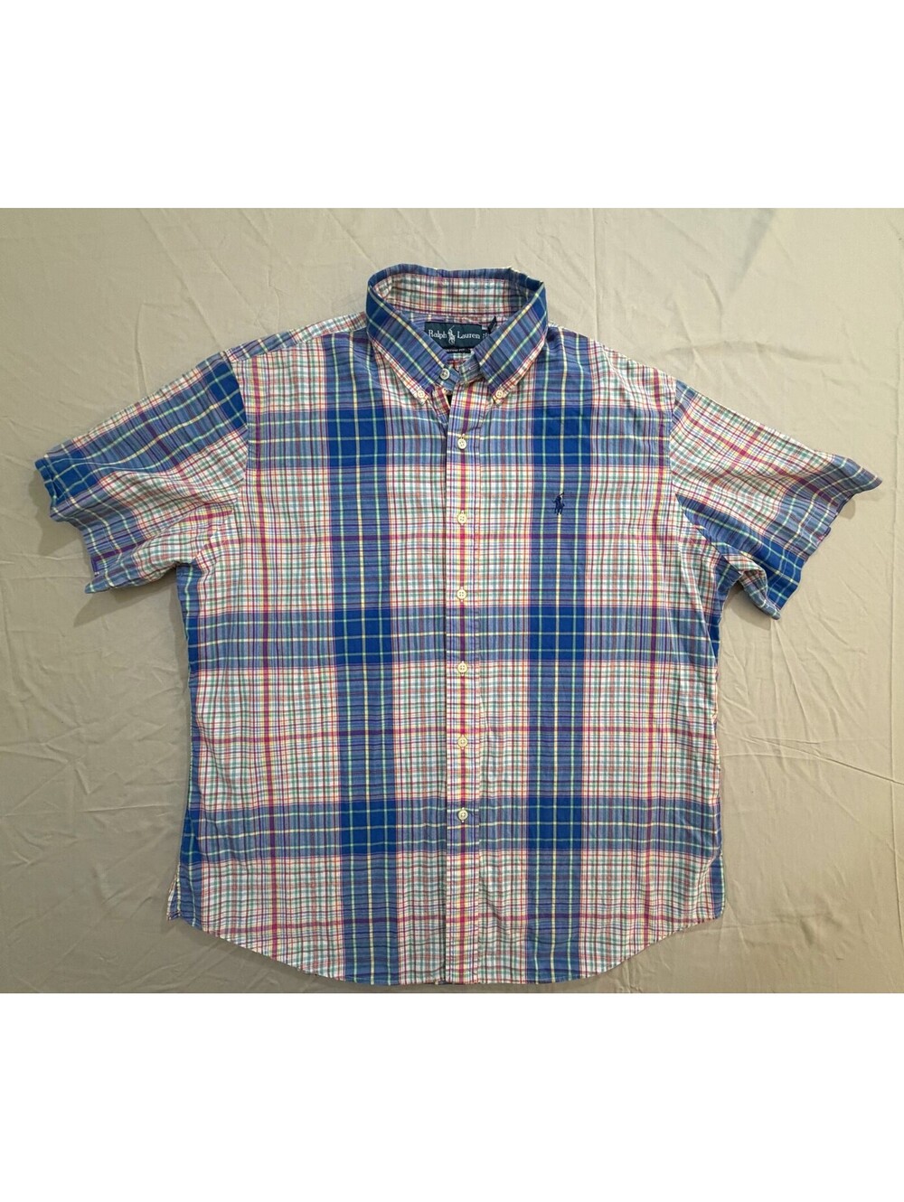 Polo Ralph Lauren Shirt Men’s XL Custom Fit Blue Multicolor Plaid Short Sleeve